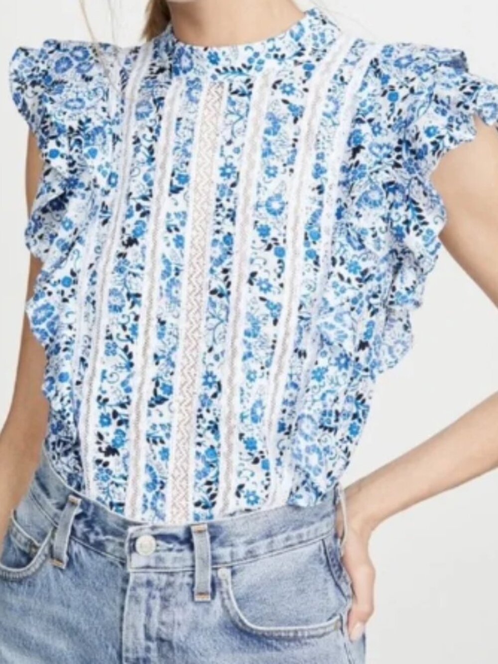 Veronica Beard Sol Ruffle Sleeve Blouse Top, Vertical Lace Detail - Womens 10